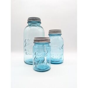 Vintage 3 Set Ball Perfect Mason Jar Blue Glass 1923-1933 Zick‎ Lid 2 Quart Pint